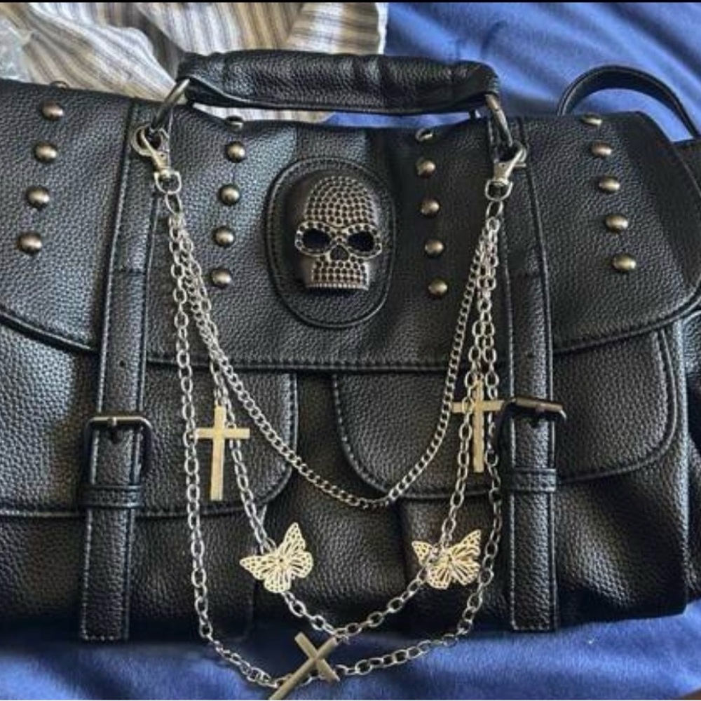 Black Studded Skull Chain Bag